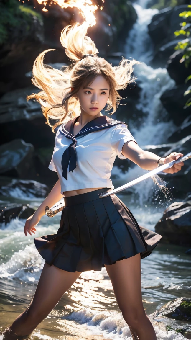 (Ultra HD, Highest quality, High resolution, Surreal, so beautiful), 24000dpi, (Holding the Japan sword, Bidirectional, Electric shock), Charge Move, Special Move Stance, All-in-one, dance, Beautiful woman, Long Tail, Well-formed eyes, greatest visual acuity, 1, Fascinating, Totally American, Perfect body, Physical Beauty, (Sailor suit, mini skirt),whole body