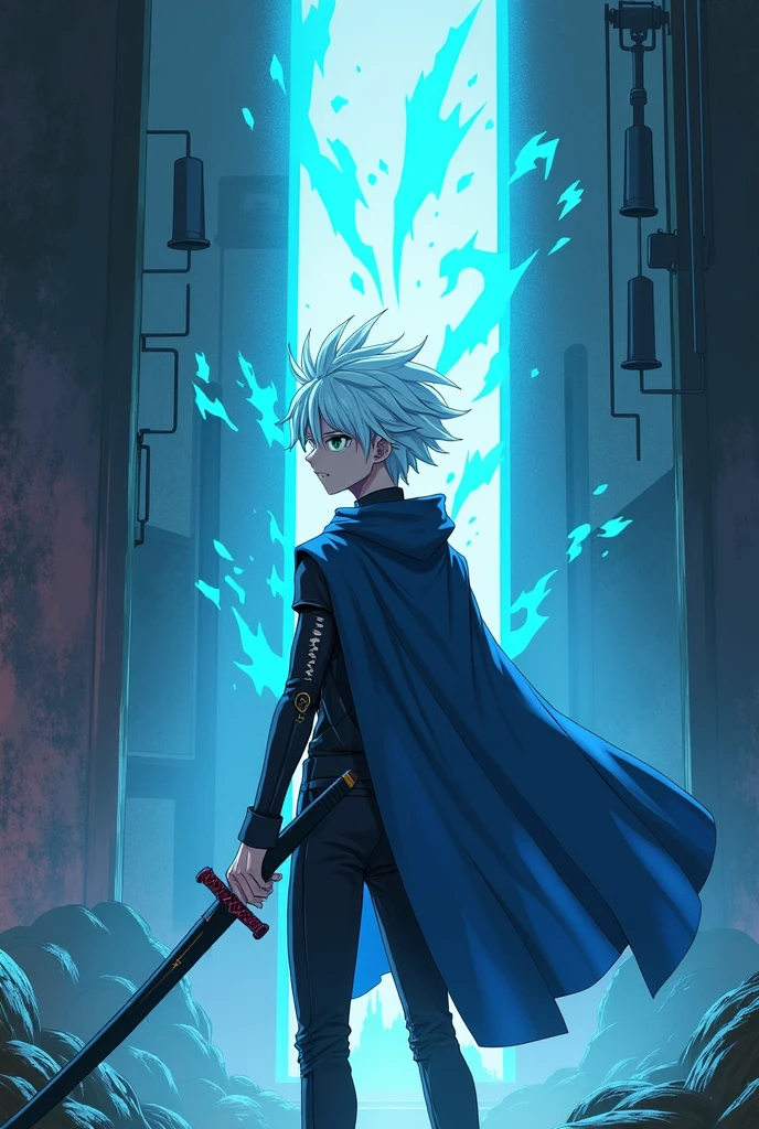 Create a boy with short white hair with cyan blue highlights elegant hairstyle, without a left arm and with scars on the right eye, an expression of environmental madness in an underground facility emerging from a portal into another apocalyptic reality, The boy wears a dark futuristic suit with a blue cape. He carries a Japanese sword surrounded by blue and purple demonic energy. ANIME CYBERPUNK STYLE
