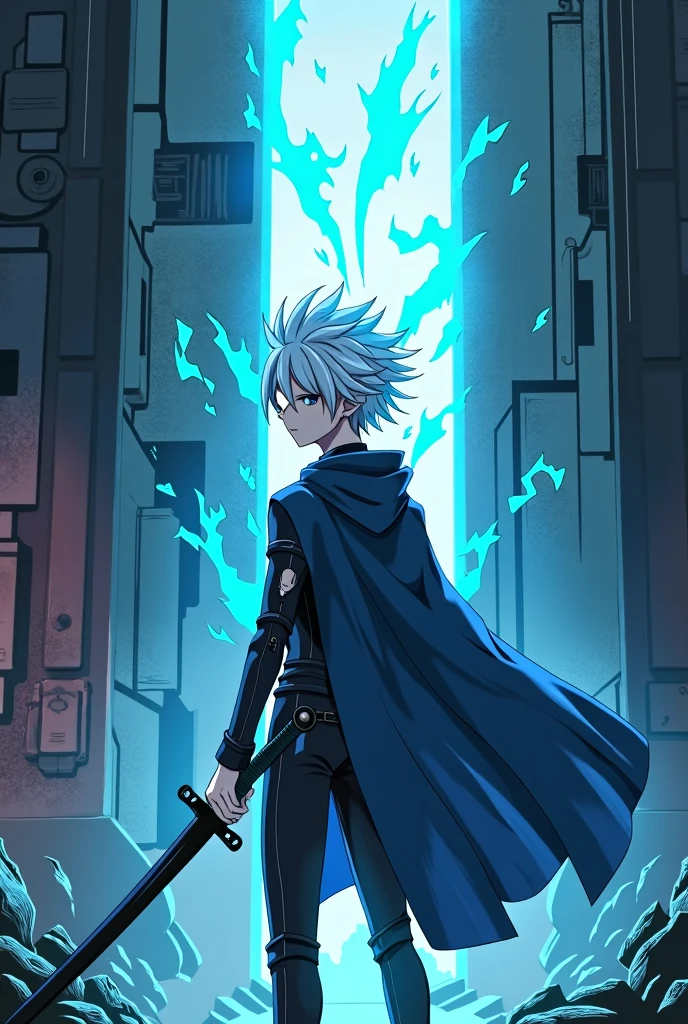 Create a boy with short white hair with cyan blue highlights elegant hairstyle, without a left arm and with scars on the right eye, an expression of environmental madness in an underground facility emerging from a portal into another apocalyptic reality, The boy wears a dark futuristic suit with a blue cape. He carries a Japanese sword surrounded by blue and purple demonic energy. ANIME CYBERPUNK STYLE 