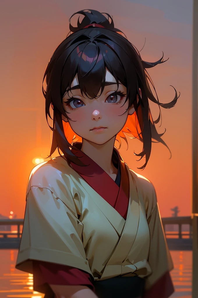 A cute half-Japanese, half-Chinese woman, Looking at the camera、Very beautiful, (very cute), (Very detailed美しい顔), Great face and eyes, Quite thick hair、ponytail、My eyes got a little brighter、No makeup、(Red T-shirt)、(Highest quality:1.4), (Very detailed), Very detailed CG 統合 8k 壁紙, Surreal, (Photorealistic:1.4), Upper Body、Anatomically perfect、RAW Photos, Professional photography, Cinema Lighting, Realistic portraits, ((Bokeh)), (Depth of written boundary:1.4), (View Photographer:1.3)、40 years old、(Inokashira Park),(Inokashira Pond)、(Upper Body)、Accurate Eyes、Beautiful mouth、(Keep your mouth completely closed)、(evening:1.3)、(Looking at the camera)、(Amazing sunset:1.25)、(Orange evening sky:1.25)、Red T-shirt、Melancholic expression