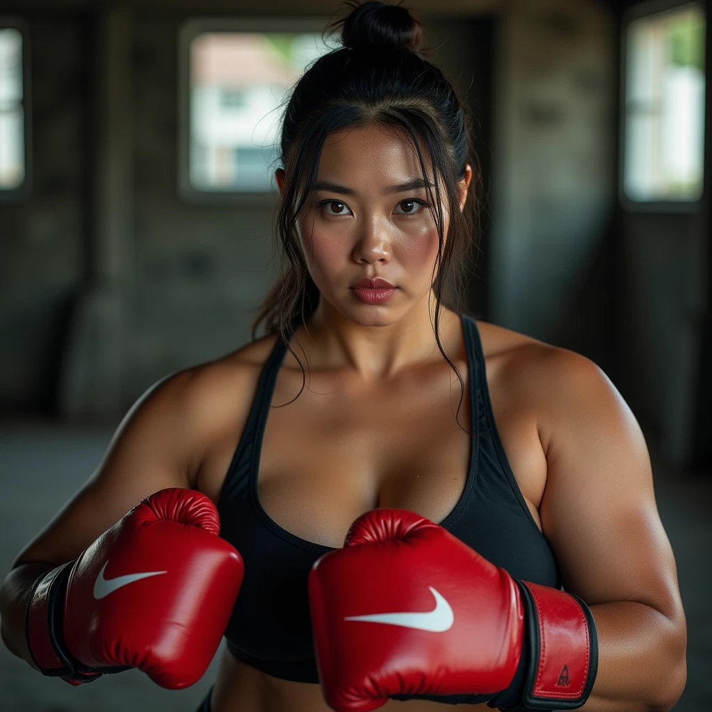 A beautiful indonesian woman,plump muscular body, wet tied hair , sweaty skin, wear nike sportwear and shorts, huge breasts, sensual expression, wear boxing gloves, fighting pose, in the boxing ring, look at the viewer, cinematic light, realistic photography, wide angle shot.