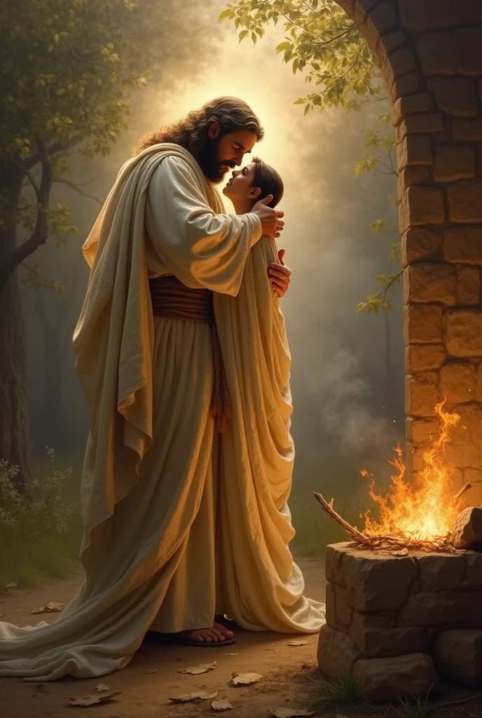 God comes to embrace Abel, on the side a burning altar.