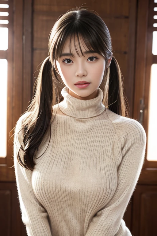 bangs,(Large Breasts:1.2),(Highest quality,masterpiece:1.2),one person,one person,one person,Fair skin,8k,Ultra-high resolution,Very detailed,Highest quality,Look at the viewers、Perfect lighting,flat light,super high quality,Ultra-high resolution,masterpiece,Realistic,Detailed face,Perfect Anatomy,Slender body、Young Face、smile、sweating、Blushing、Please show me your whole body、((wearing a turtleneck sweater))、Beautiful legs、Baby Face、Round face、light makeup、Sweaty、Narrow waist、((sensual pose)),(((Please show me your whole body)))Twin tails, Light blush, 