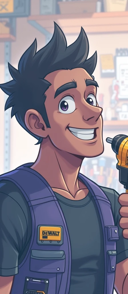 character:

Age and Appearance: Young male, About 30 years, not very muscular build, with a confident and energetic attitude, He does not have a beard.
hair: negro, short and somewhat disheveled, modern look.
CLOTHES: She is wearing a tight t-shirt, Possibly in a dark color like black or gray, and a purple sleeveless vest on top. The vest has several tool pockets and functional details..
Accessories: He holds a yellow and black Dewalt impact driver in one hand, which adds a touch of action and dynamism to the image.
bottom:

Environment: A repair or DIY workshop. The background is full of shelves with tools, melamine furniture and some machines or work benches.
Background details: Tools hanging on the wall, an open toolbox with various tools scattered around, and perhaps some blueprints or manuals on a work table to give the environment a more authentic feel, The character is dedicated to assembling melamine furniture, On the wall there is a white picture that says MUEBLES LUMEXA, 