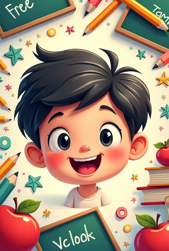 I want an animated child's face with school things in the background To use as a badge background with spaces to put letters
