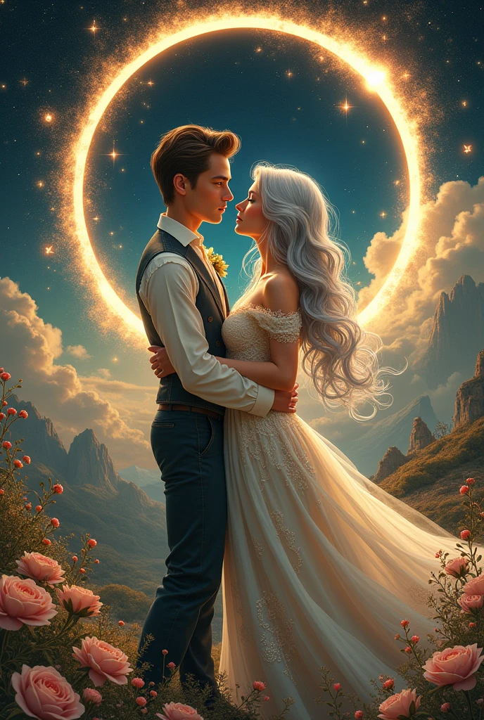 drawning, fancy, Young couple, she with long silver hair, he has brown hair, eclipse solar