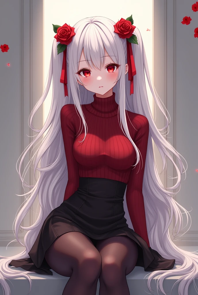 Beautiful anime woman with long white hair and blood red eyes. Wearing a dark red turtleneck sweater tucked into a high waist short black skirt, and dark leggings with high heels. A rose and some red ribbons decorate her hair, tying some of it back. Sitting down and posing for the camera.