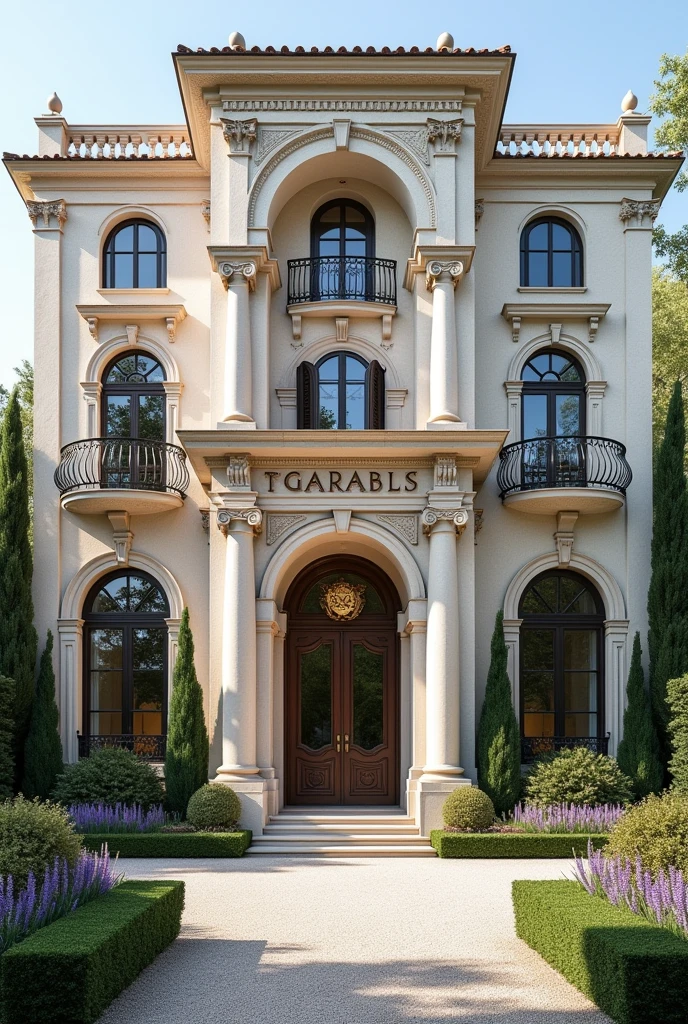 The image presents a sophisticated building that seamlessly blends French and Italian architectural styles. The structure is grand yet elegant, featuring a symmetrical façade with tall arched windows, intricate stonework, and wrought-iron balconies that evoke the charm of French architecture. The building's exterior is made of light-colored stone, with soft pastel accents typical of classic Italian villas.
At the top of the building, centrally positioned above the entrance, is a refined sign that reads "NEXUS GLOBAL CAPITAL AND EQUITY HOLDINGS" in sleek, dark bronze letters. The signage is tastefully illuminated, adding a subtle yet commanding presence.
The entrance is flanked by large, ornate columns and a set of double doors made of rich, dark wood with intricate carvings. The windows on the lower floors are adorned with classic French shutters, painted in a soft blue that contrasts beautifully with the stone façade.
Flag Description:
To the right of the entrance, positioned slightly away from the building and near a beautifully landscaped garden area, stands a flagpole. The flag of Nexus Global Capital and Equity Holdings is displayed, featuring a deep navy blue background with a golden emblem at the center. The emblem is a globe encircled by olive branches, symbolizing peace and global reach, with the letters "NGCEH" elegantly inscribed at the bottom of the globe in a bold, modern font. The flag is of normal size, fluttering gently in the breeze, harmonizing with the serene environment.
Environment Description:
The surroundings are serene and meticulously landscaped, with a blend of French and Italian garden elements. There are well-trimmed boxwood hedges, ornamental fountains, and gravel paths lined with lavender and roses, filling the air with a light, fragrant scent. Olive trees and cypress trees are strategically placed, providing shade and enhancing the Mediterranean ambiance.
The overall setting is calm and peaceful, with the soft sound of water fro