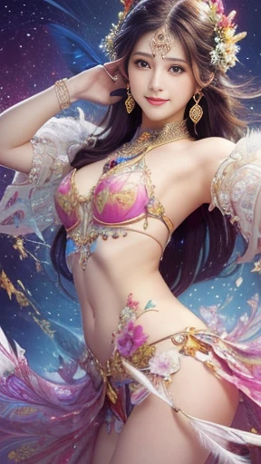 (masterpiece、highest quality、highest quality、official art、beautiful beautiful:1.2)、(1 girl)、very detailed、(fractal art:1.3)、Colorful、most detailed,(Pose with movement:1.4)、Details Beautiful and delicate face、Beautiful details and delicate eyes、extremely fine-grained clarity, (symmetrical eyes:1.3),((natural smile)),Floral,feather