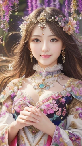 (masterpiece、highest quality、highest quality、official art、beautiful beautiful:1.2)、(1 girl)、very detailed、(fractal art:1.3)、Colorful、most detailed,(Pose with movement:1.4)、Details Beautiful and delicate face、Beautiful details and delicate eyes、extremely fine-grained clarity, (symmetrical eyes:1.3),((natural smile)),Floral,feather