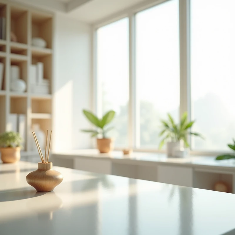 Clean and bright office,Transparent floor-to-ceiling windows,Diffuser on the table,The slight fragrance,Show a different atmosphere