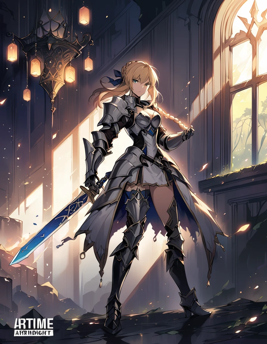 score_9, score_8_up, score_7_up, score_6_up, source_anime, BREAK Anime - Stylistic image of Artoria Pendragon (braid, short dress, ribbon, hair ribbon, armor, gauntlets, armored dress, boots:1.2), BREAK cleavage, (defensive stance, holding Excalibur:1.3), BREAK Kushatt Krenz Key Art Women, Extremely detailed Artgerm, Artgerm on ArtStation Pixiv, BREAK Epic light novel art cover, gorgeous female paladin, trending on artstation pixiv, Portrait Chevaliers du Zodiaque Fille, BREAK inside dimly lit spooky mansion, midnight, shallow depth of field, BREAK highly detailed, bokeh, moody, epic, gorgeous, grainy, BREAK (ultra-detailed), (best illustration), (best shadow), (absurdres), (detailed background), (very aesthetic).