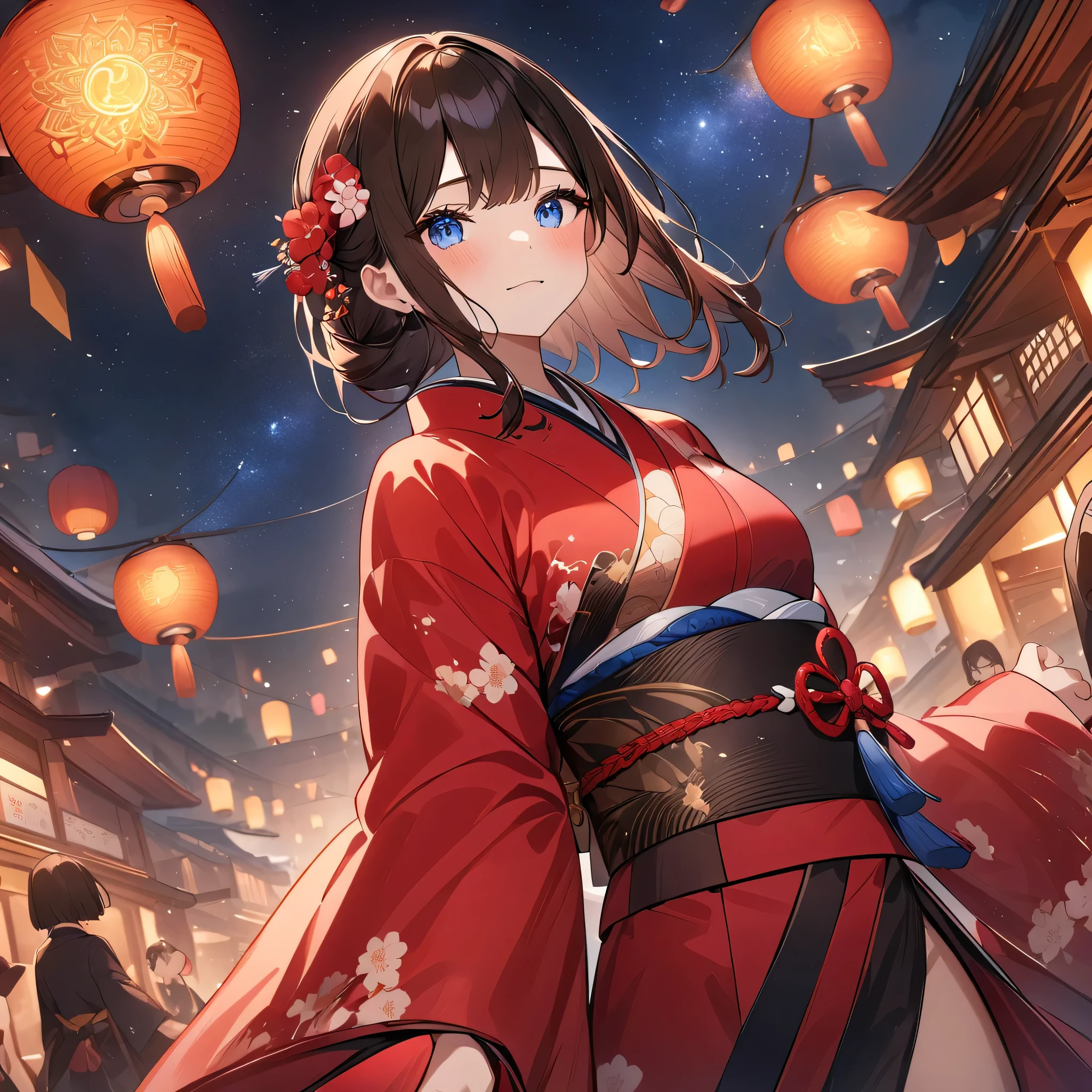 (((Deep blue starry sky)))、14 years、Unity 8K wallpaper、Very detailed、Pretty and pretty、masterpiece、best quality、(disputeた、Mandala、dispute、dispute), A girl、Beautiful brunette、Japanese Pink、Red Kimono、Japanese clothing、Very detailed、Dynamic Angle、The most beautiful things are made of chaos、elegant、Brutal design、Vibrant colors、romantic、atmosphere、notes、Display flowing notes