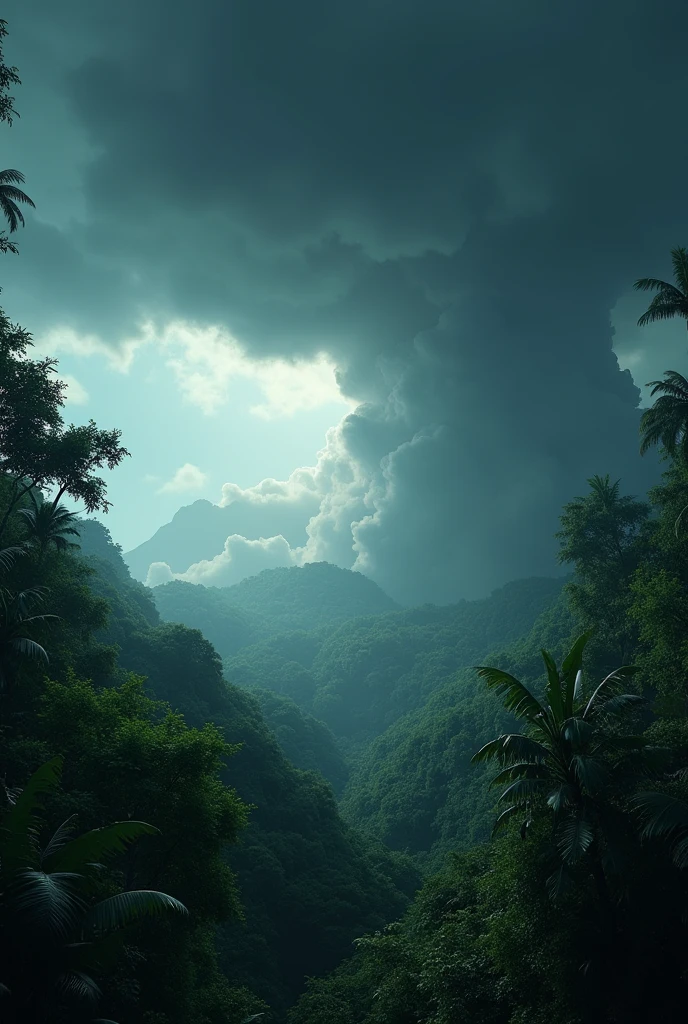 in 3d animation style"
The sky darkening as a powerful storm approaches the jungle. Trees bending under the wind, and dark, ominous clouds gathering"