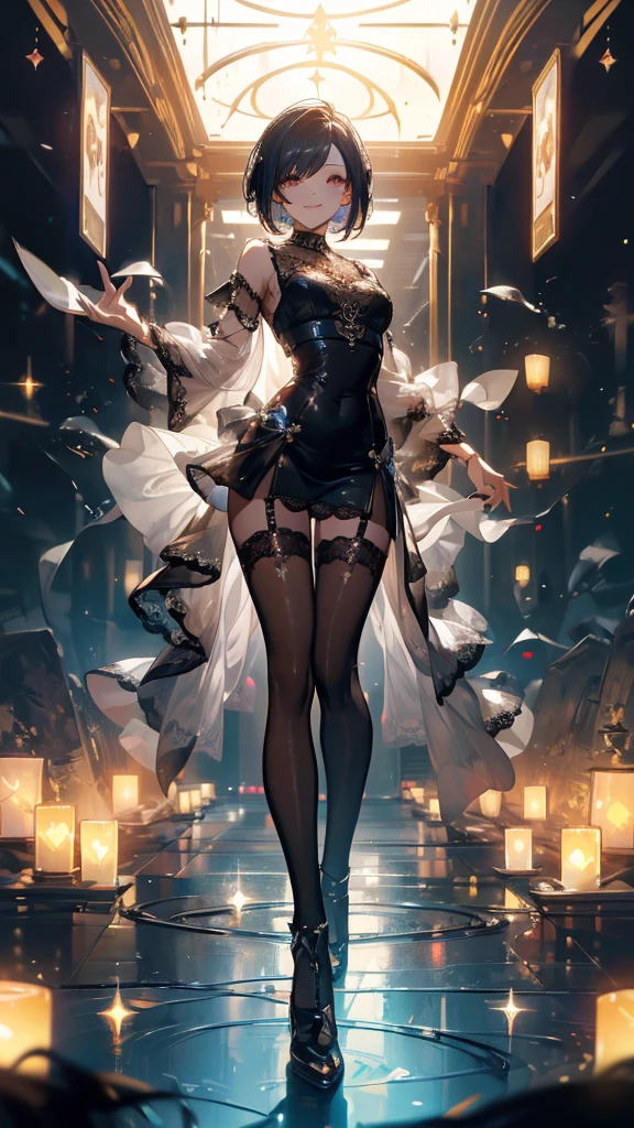 (masterpiece, beautiful, High resolution),One Woman、Dancing Alone、Realistic depiction、In the dark church at night、Black clothes、Black slit skirt、Black thigh-high socks、High heels、16K、beautiful胸、Black blindfold