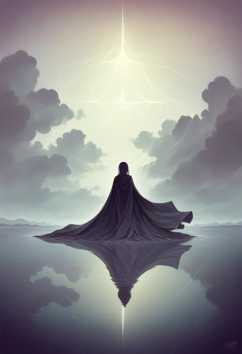 a lonely girl sitting on a boat, holding a sword, wearing a cape, looking out at the starry night sky, (best quality,4k,8k,highres,masterpiece:1.2),ultra-detailed,(realistic,photorealistic,photo-realistic:1.37),cinematic composition,dramatic lighting,muted color palette,romantic atmosphere,small figure,detailed facial features,flowing cape,rippling water,reflection of stars,dramatic clouds