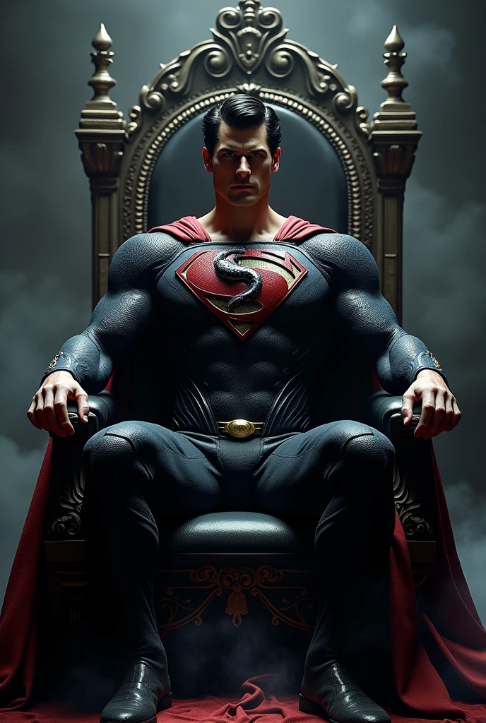 Superman is sitting on his throne together with his venomous snake emblem symbol that is attached on his logo and black theme on his chest, his costume is a black.