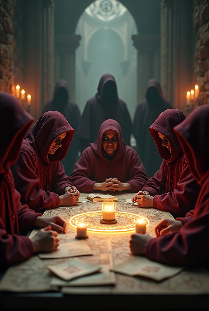 Close-up shot, Low angle shot, a candlelit room where five man sitting, their faces serious and determined, full of faces look at the viewer, wearing maroon culthu robe with hood, the table covered with maps, books, blood and a glowing mysterious symbol. in the background representing the culthu worshipers. The contrast between the calculated plotting and creates a sense of tension and mystery, leaving the viewer questioning the true nature of the Illuminati.) unreal engine, cinematic, hyper-real, highly detailed, Ultra realistic HD --q 2 --v 6.1 --ar 9:16
