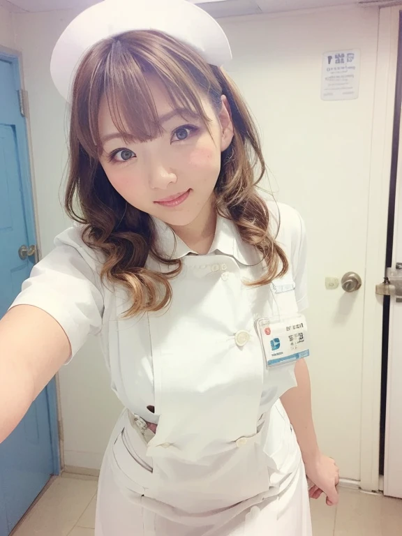 woman, alone, (Wearing white nurse clothes:1.2), Upstyle, nurse, Perfect Anatomy, nurse uniform, (Nurse cap), (White costume), Long skirt, hospital, Face close-up,