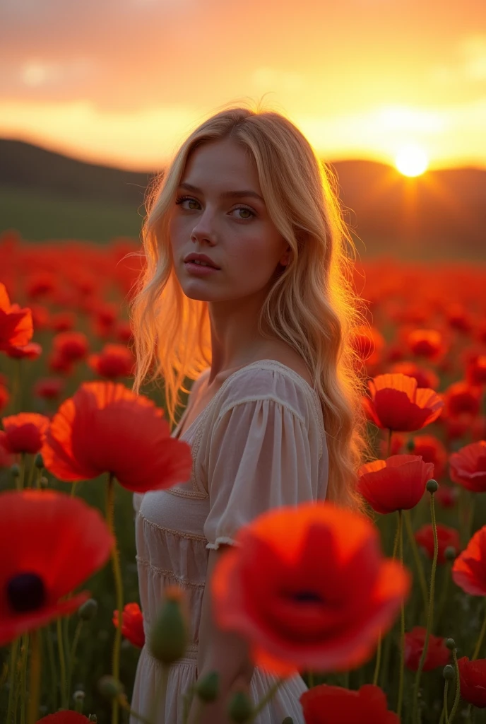 Jeune fille blonde dans un champ de coquelicots coucher de soleil
