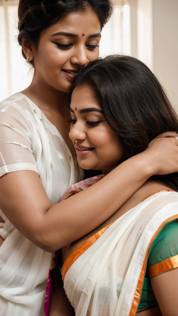 Close up shot, A radiant South Indian, chiffon white colour chiffon saree wearing plus sized girl ,with her curvaceous figure , hugging and kissing on the lips of a jubilant 60 year old  joyous embrace in a bedroom, captured in a full body image with vibrant colors and intricate details. Full body image