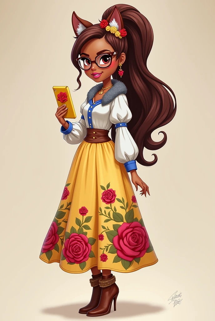 Imagem da filha da Ramona Badwof e da Rosabella Beauty de Ever After High: A long wavy brown ponytail with red streaked bangs, first of all, light brown eyes, brown glasses with a red rose, white long blouse, with blue ,with red roses on the blouse and sleeves, yellow skirt with golden roses, a faux fur collar around the neck of gray color, wolf earrings, wolf necklace,brown high heel boots with roses, golden flower tiara on head, You have to be holding a yellow tablet with red roses in your hand, it&#39;s to have red highlights in your hair, without wolf ears on the head 