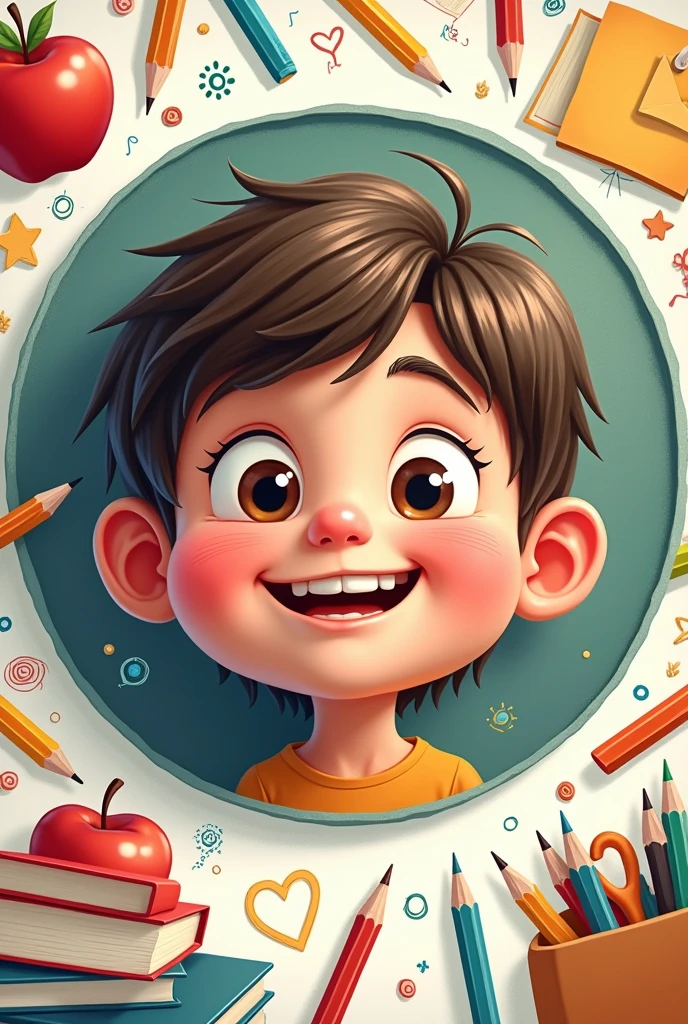 I want an animated child's face with school things in the background To use as a badge background with spaces to put letters