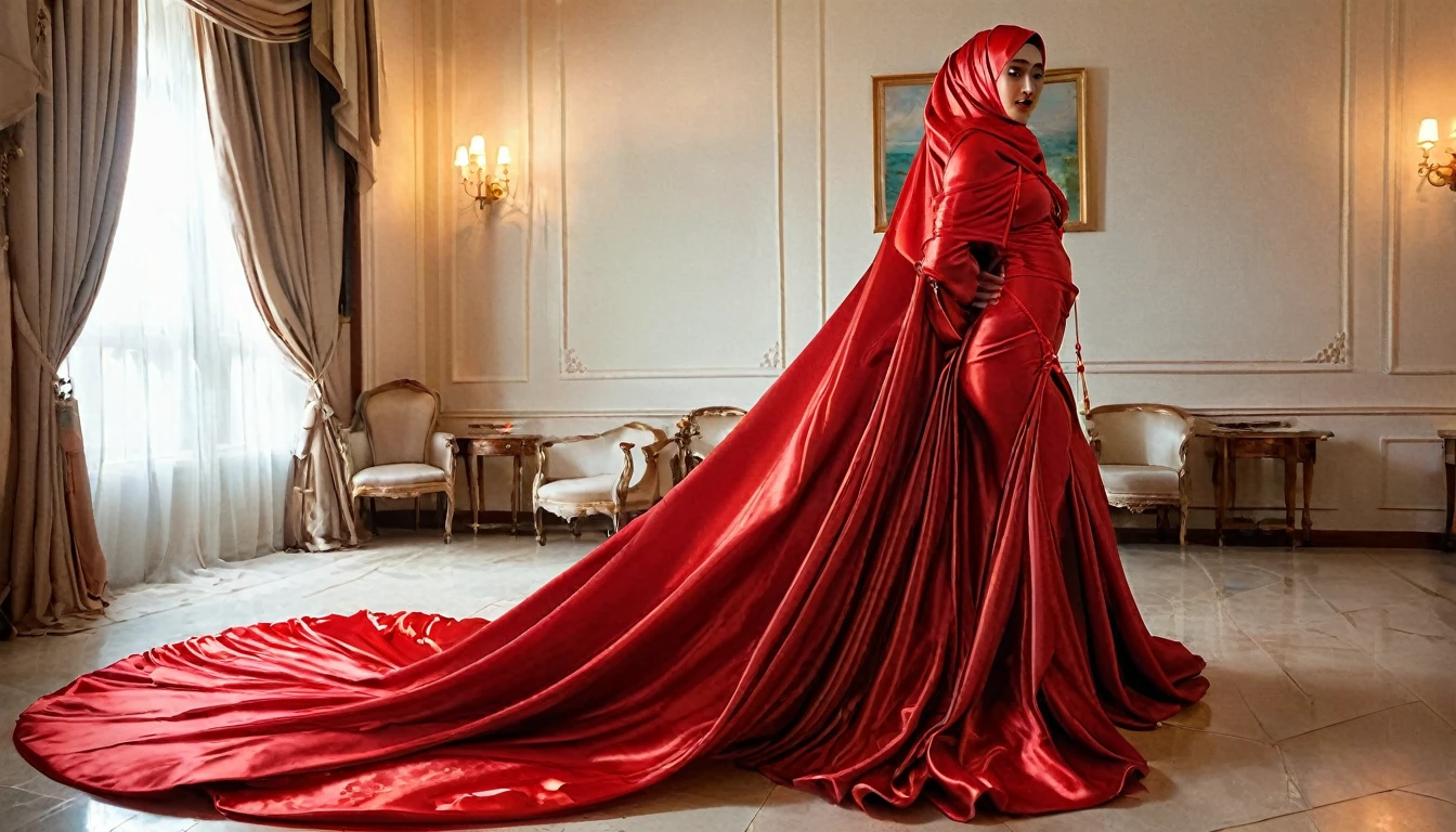 A woman shrouded in a 10-meter-long, plush red satin cloth, tightly bound and grandly draping along the form of her body, flowing off into a pooled floor-length train, styled in a mermaid-inspired outfit, her head modestly veiled in a satin hijab, tall woman, walking in room, a full-body pose posing in front of people, captured in a 4k resolution, ultra-realistic