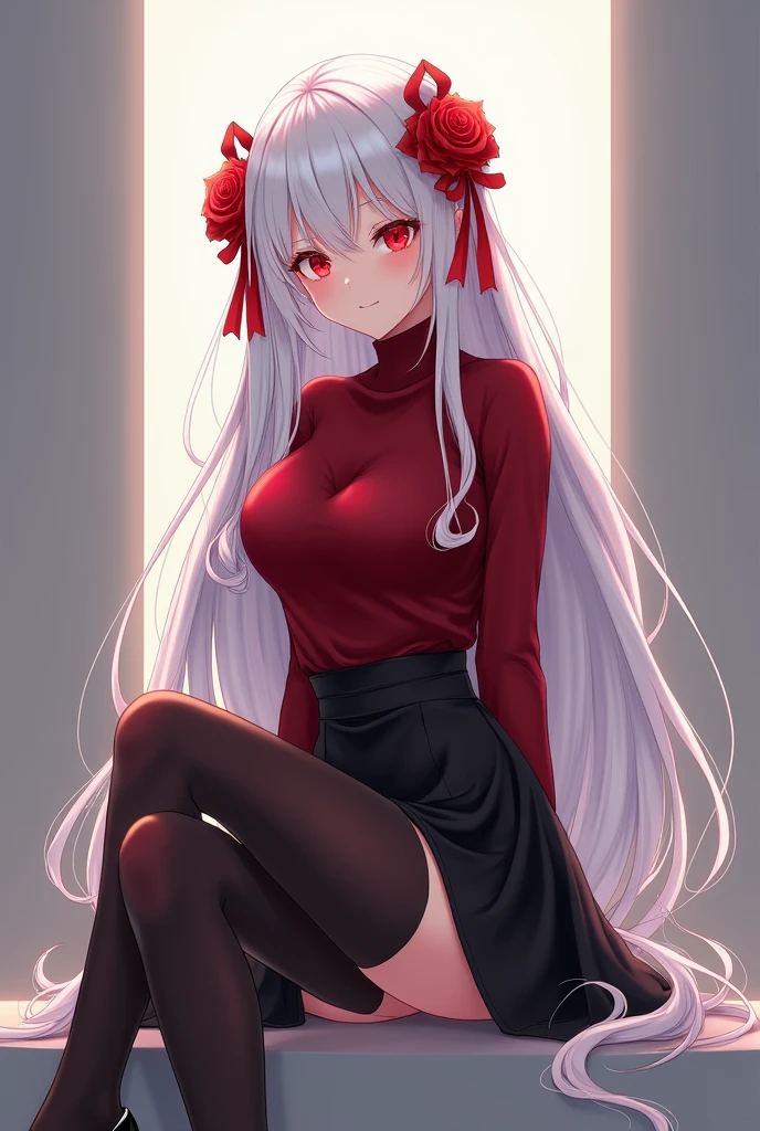 Beautiful anime woman with long white hair and blood red eyes. Wearing a dark red turtleneck sweater tucked into a high waist short black skirt, and dark leggings with high heels. A rose and some red ribbons decorate her hair, tying some of it back. Sitting down and posing for the camera.