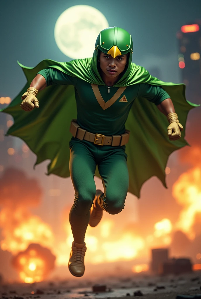 Solo Malaysia Indonesia man. Mature. Short man physical. Tiongman 20 year old., a boy . Teenage short body. ((wear helmet like bird green. Yellow torn bird..bird's beak yellow on the nose helmet))((wear jumpsuit.)) ((Domino green bird mask. ))Green shirts. Show nose and mouth .wear Green cargo short pant . ((Wear green long pants.thin guys. ))Skinny body type.mini triangle logo on chest.Wear green singlet. Wear safety. Green cape. Superhero concept nightshoot. On the city bombs effect background.night scene. Big moon background. Running fast . , hanging rope. Jump with styles.. open cape. Green cape. Wear beige glove. One hand uprise fist pose hand. Wear beige boots. ((Wear bullet proof jacket)). Athletic body type. Jump on the high place.marvel hero. Hand holding belt. Jum effect Photography. Fast effect photography. Wall on the top of building