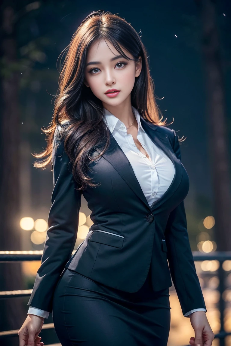 (1 girl), beautiful, Amazing face and eyes, cosmetic, (Extremely delicate beautiful face), (The sexiest look), (beautiful big breasts:1.1), (best quality:1.4), (Ultra Detailed), (Extremely detailed CG unified 8k wallpaper), Very detailed, original photo, Professional photography, ((Business suit)), (tight skirt), (Open collar business shirt), outdoor, ((Night Forest)), (Night Sky), Depth of Field, (View from below),