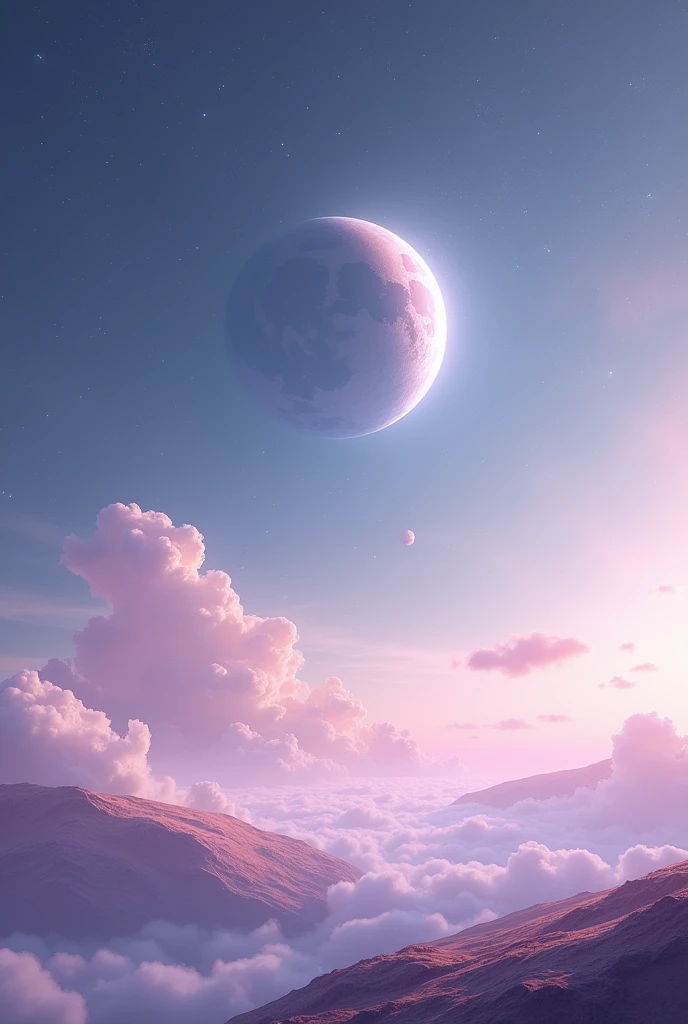 Create a dreamy, ethereal image of a cosmic landscape. At the very bottom, show the surface of a planet stretching across the entire width, occupying about a quarter to a third of the image height. Above this, in the mid-ground, include a large planet with only its upper half visible. Fill the background with numerous very small celestial bodies - tiny pinpoint planets, distant stars, and faint moons. These background elements should be significantly smaller than before, appearing as mere dots in the vast cosmic expanse. Add a soft, misty glow around the celestial bodies and use a pastel color palette to enhance the dreamlike atmosphere. Include a few subtle, wispy clouds or tendrils of nebulae, but keep them minimal and delicate. Ensure the background maintains a sense of vast, open space with the small celestial bodies scattered sparsely throughout.