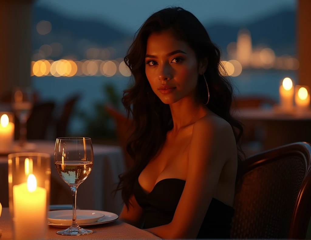 a young south american woman, 2, long wavy dark hair, detailed face, beautiful eyes, full lips, fit body, wearing a stylish black italian dress, sitting in a chair on a candle lit veranda overlooking an italian city at night,glass of wine on the expensive table, photorealistic, high quality, cinematic lighting, dramatic shadows, warm color tones, bokeh, masterpiece