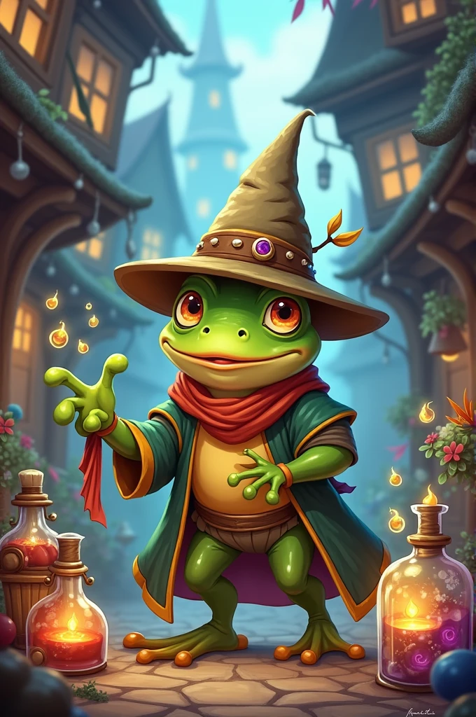 Une grenouille de jeux vidéo rpg qui vent des potions 