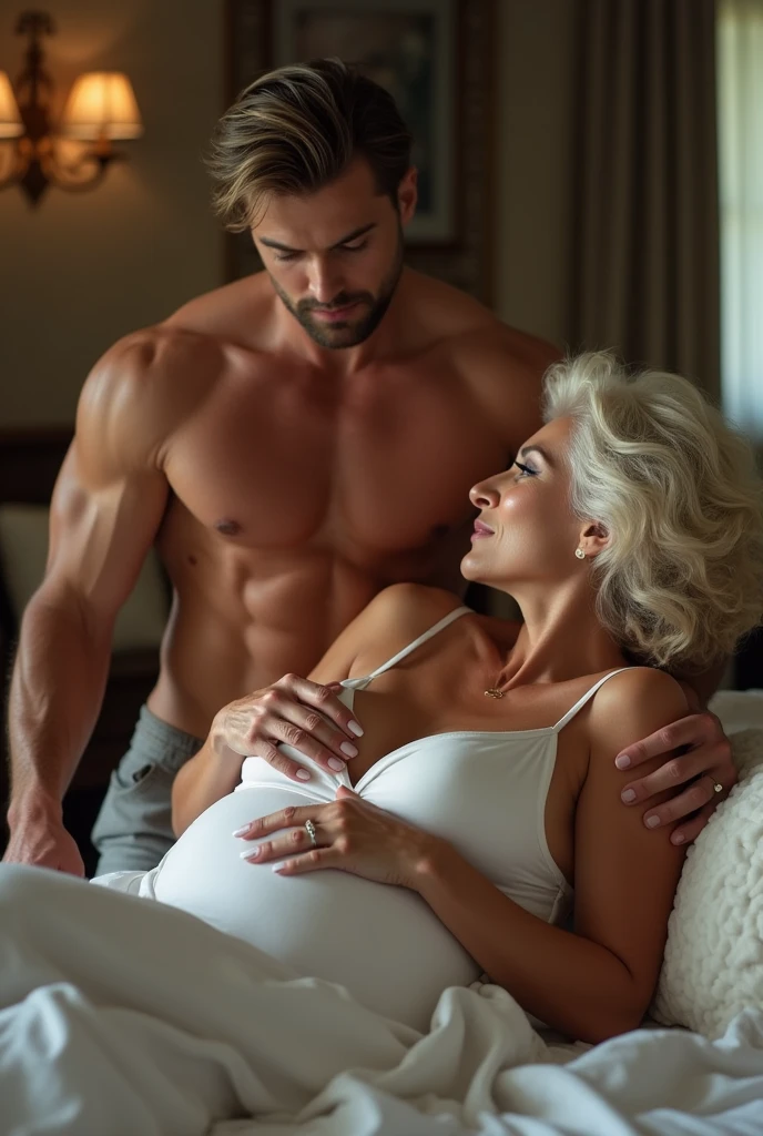 Erotic huge breast curvy 60 years old woman on bed showing cleavage pulling close handsome shirtless man standing near, seduction , intimacy , full body , wide screen shot , bright photo