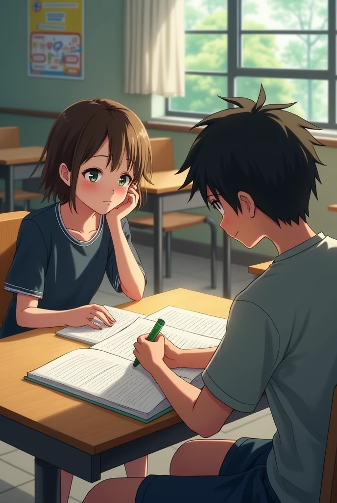 a girl liking a boy and seeing toward him in a classroom but boy don't know this and he us doing his homework on his bench they are 16 yrs old