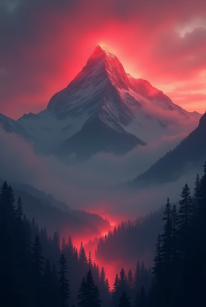 Mountain in night fog red