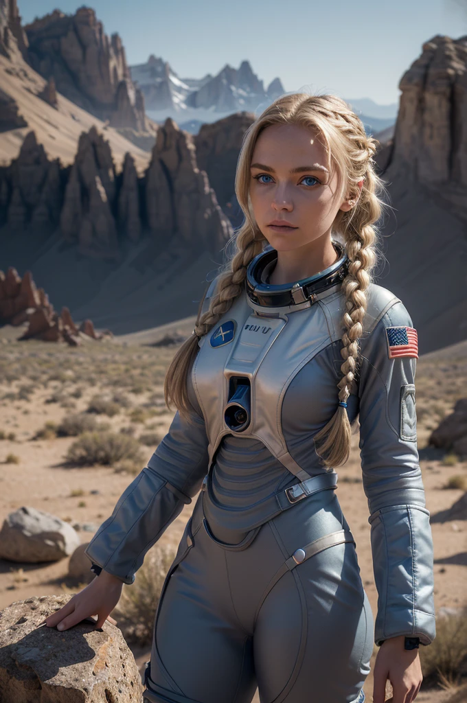 (low angle shot, establishing shot:1.25),
(1girl in fully covering science fiction space suit:1.35), ((standing on a rock needle)),
(blonde hair, braid, blue eyes:1.2),
(on a barren gray dusty planet),
(stars and shooting stars in the background),
science fiction,
(RAW photo, photorealism, realistic, masterpiece, highly detailed),  natural skin, textured skin, beautiful detailed face, finely detailed beautiful eyes, (crystal eyes:0.5)