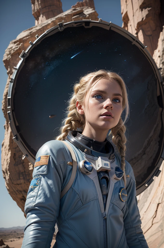 (low angle shot, establishing shot:1.25),
(1girl in fully covering science fiction space suit:1.35), ((standing on a rock needle)),
(blonde hair, braid, blue eyes:1.2),
(on a barren gray dusty planet),
(stars and shooting stars in the background),
science fiction,
(RAW photo, photorealism, realistic, masterpiece, highly detailed),  natural skin, textured skin, beautiful detailed face, finely detailed beautiful eyes, (crystal eyes:0.5)