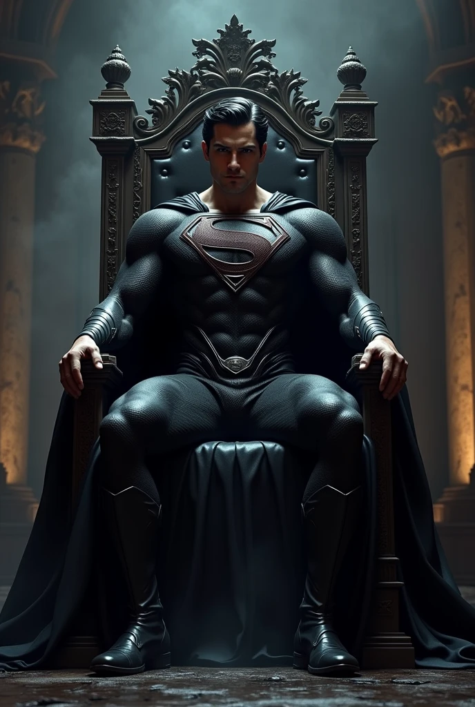 Superman is sitting on his throne together with his venomous snake emblem symbol that is attached on his logo and black theme on his chest, his costume is a black.