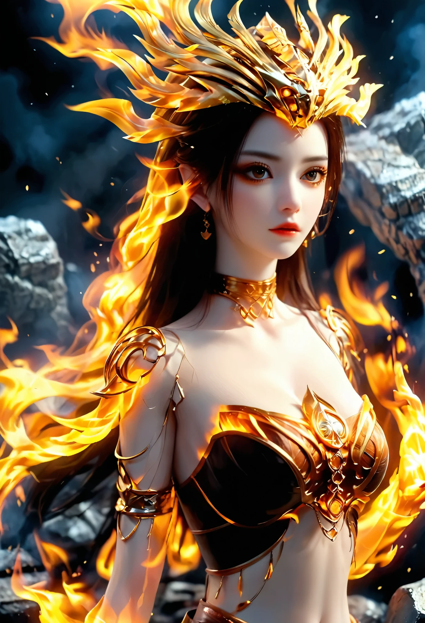 (theelementoffire:1.1),Composed of fire elements,(1 busty girl:1.2),catching fire,transparency,Fiery,(Molten rock),Flame skin,Flame print,fiery hair,smokes,cloud,LOP,,a girl wrapped in flames, Flames rise and sparkle,burning hands,Translucent glow,