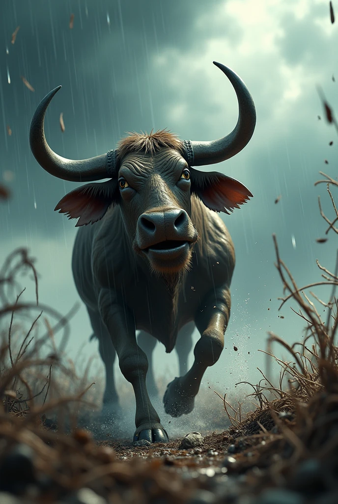 in 3d animation style"The ox struggling against the fierce storm, looking scared and disoriented. The scene should convey the severity of the storm and the ox’s vulnerability."