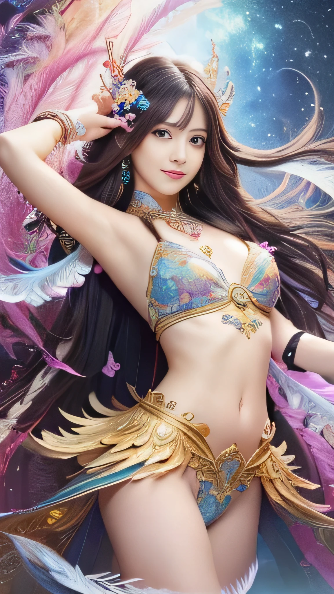 (masterpiece、highest quality、highest quality、official art、beautiful beautiful:1.2)、(1 girl)、very detailed、(fractal art:1.3)、Colorful、most detailed,(Pose with movement:1.4)、Details Beautiful and delicate face、Beautiful details and delicate eyes、extremely fine-grained clarity, (symmetrical eyes:1.3),((natural smile)),Floral,feather