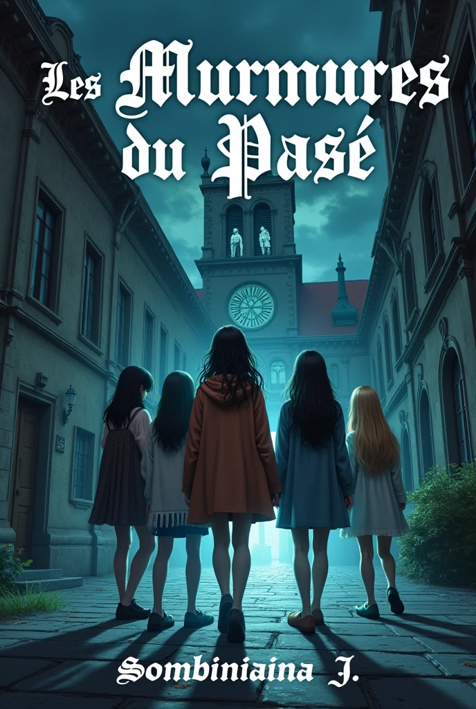 A book cover design with title: "Les Murmures du passé". The cover should feature a renaissance-style high school building in the background. In the foreground, there are five girls: the rebellious one with black hair and green tips, and green eyes; the popular one with blonde hair and blue eyes; the studious one with brown hair and brown eyes; the cool one with black hair and black eyes. The fifth girl is a Ghost, wearing chic 1990 clothing, appearing slightly translucent. They are all depicted as if investigating something mysterious. The color palette include dark, moody tones with hints of silver and blue. The title is in a gothic font at the top. With the autor's name: " Sombiniaina J." At the  bottom.