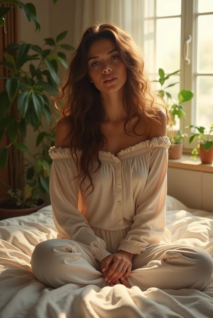 (photorealism:1.2), beautiful woman, sitting on bed, wearing loose off-shoulder top, pajama pants, long curly hair, indoors, soft lighting, plants in background, window with sunlight, cozy room, relaxed pose, realistic, intricate details, warm colors, by Greg Rutkowski, by Alphonse Mucha