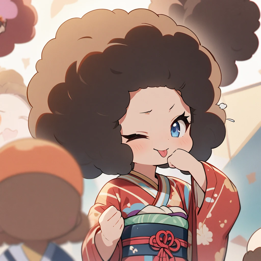 Chibi Character、A woman with afro hair wearing a kimono、Winking、Stick your tongue out、Hold a fist to your face with one hand、Upper Body、cute、anime、Masterpiece