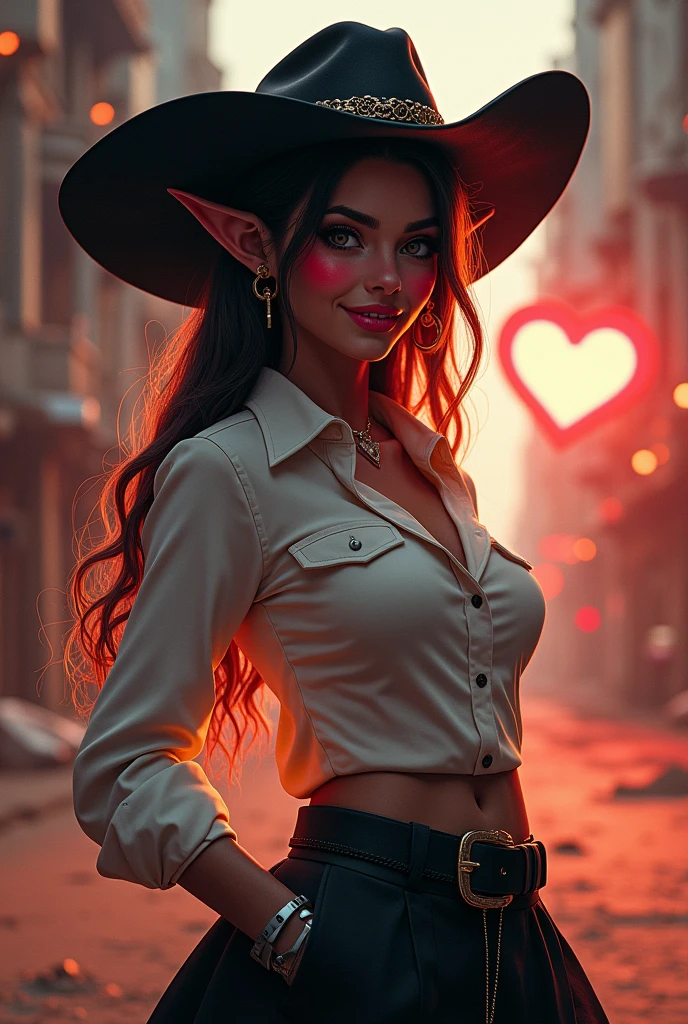 1girl, cowboy shot of sylvdark looking at viewer, colored skin, grin, teeth, spoken heart, elf, long eyebrows, (white shirt, black skirt), athletic, volumetric lighting, best quality, masterpiece, intricate, volumetric lighting, cinematic, 8k, cinematic lighting, masterpiece, perfect, intricate details, tonemapping, realistic