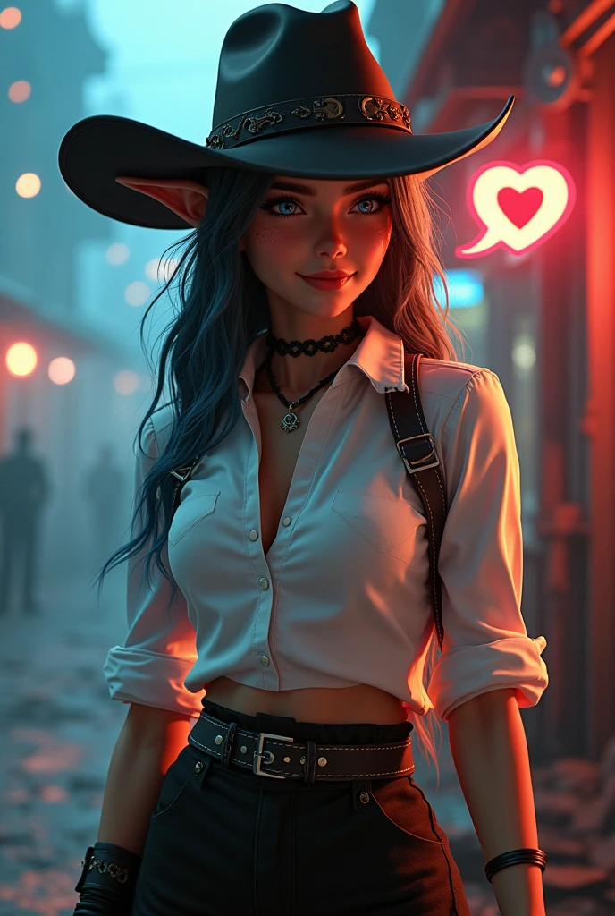 1girl, cowboy shot of sylvdark looking at viewer, colored skin, grin, teeth, spoken heart, elf, long eyebrows, (white shirt, black skirt), athletic, volumetric lighting, best quality, masterpiece, intricate, volumetric lighting, cinematic, 8k, cinematic lighting, masterpiece, perfect, intricate details, tonemapping, realistic 