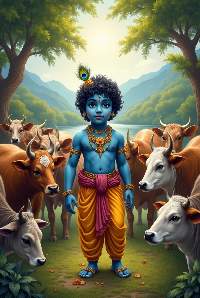 Small krishna with lot of cows


