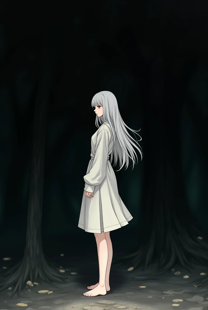 The image is anime style with shadows and dim lights, anime style although somewhat adult and dark, It shows an adult albino with red eyes wearing a black sweater that reaches her hips.. He doesn't wear any more clothes. It's in a dark forest.